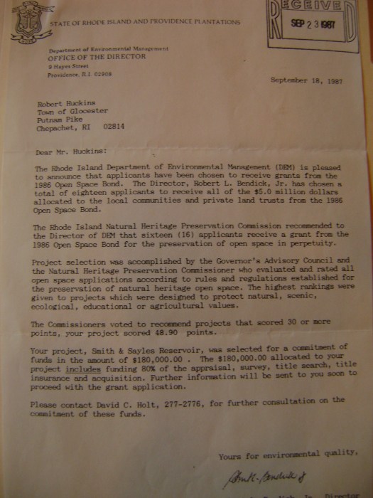 1987 letter to Bob Huckins indicating the committment of the State of Rhode Island and Providence Plantations to the dispersal of $180,000 for protection of lands.