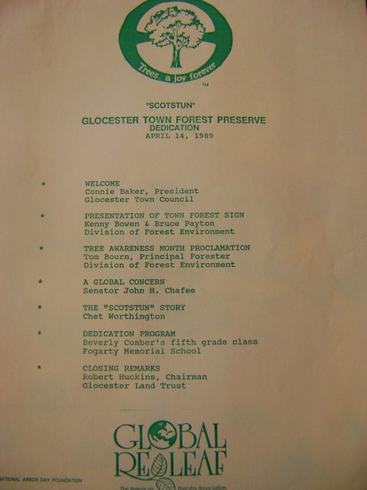 Invitatin and notice about the dedication of the Glocester Town Forest Preserve: Scotsun, April 14, 1989.