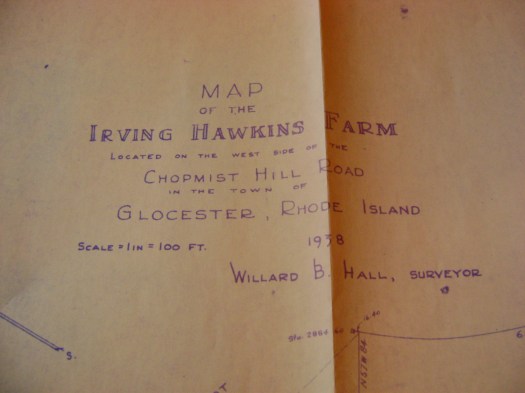 Map: Irving Hawkins Farm.  Located on the west side of Chopmist Hill Road in the town of Glocester, Rhode Island, 1938.  Willard B. Hall, Surveyor.