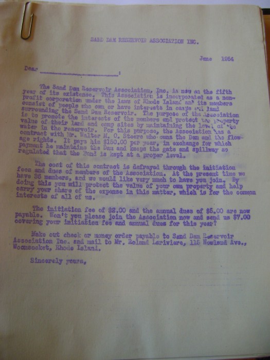 Mimeographed by-laws, dated 1954 and reading "the Sand Dam Reservoir, Inc. is now in the fifth year of its existence..."