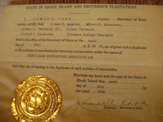 acknowledgement from the State of Rhode Island and Providence Plantations, Secretary of State, that Ernest S. Hopkins, Albert O. Mousseau, Arthur A. Tetrault, Wilfred J. Duchame, and Florence Nottage Therault filed on May 10, 1950 articles of association for forming a corporation in the name of Sand Dam Reservoir Association